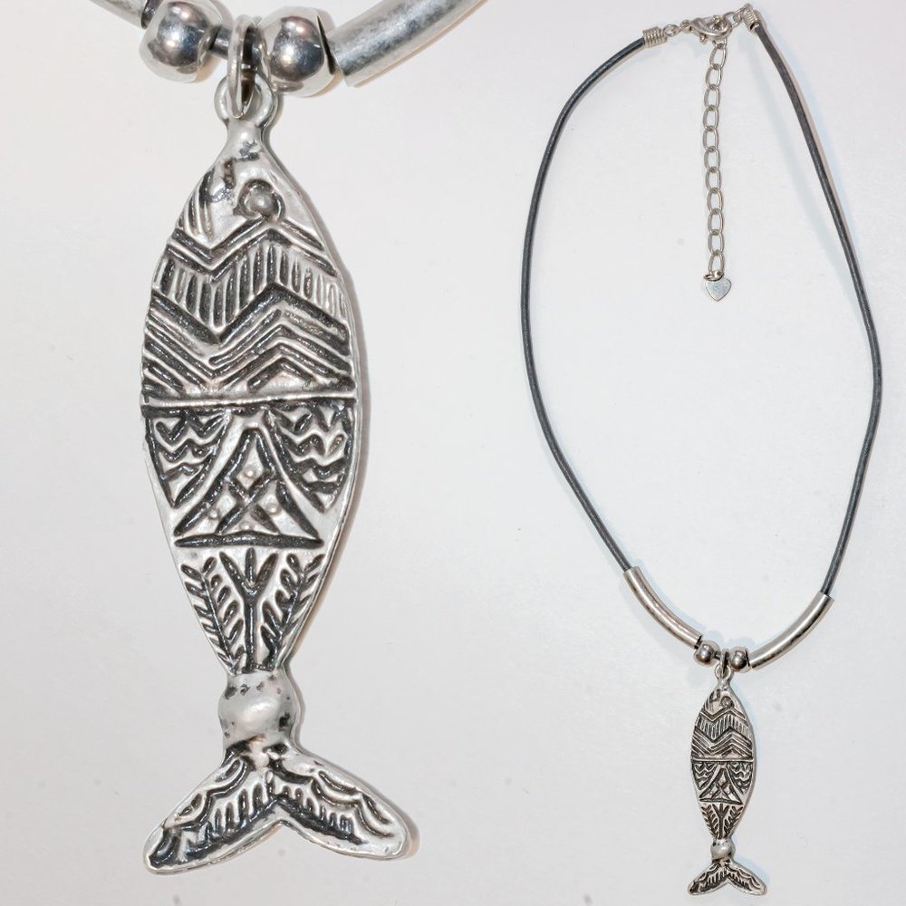 Folk Art Style Carved Fish Pendant Silver-Tone with Beads on Cord Necklace